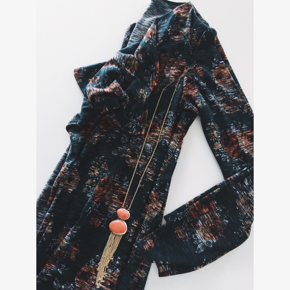ModCloth dark green floral sweater with rust and cream accents